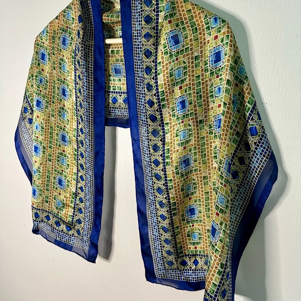 100% Silk Jewel Toned Geometric Patterned Long Rectangular Scarf